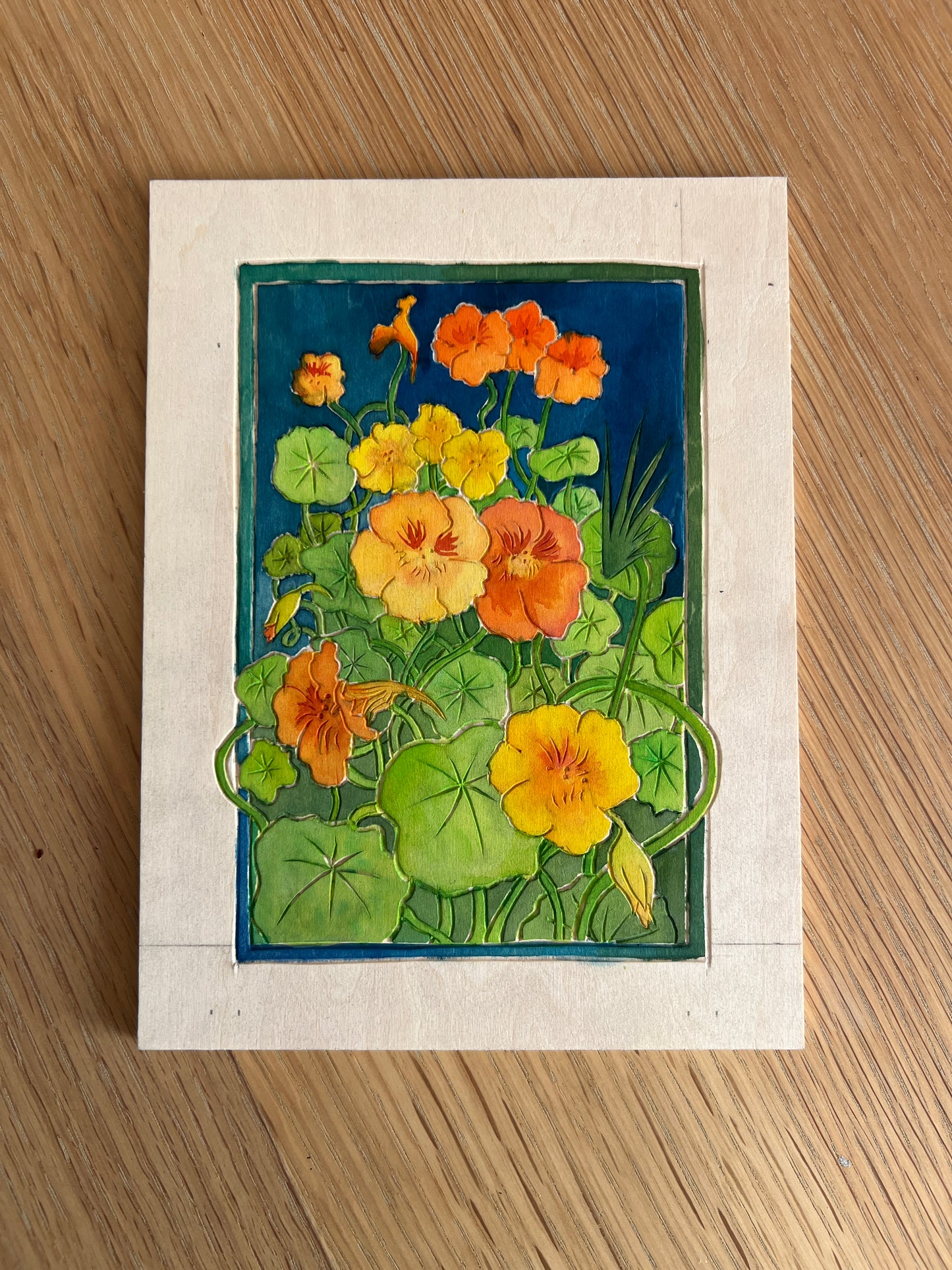 'Nasturtium' White Line Woodcut