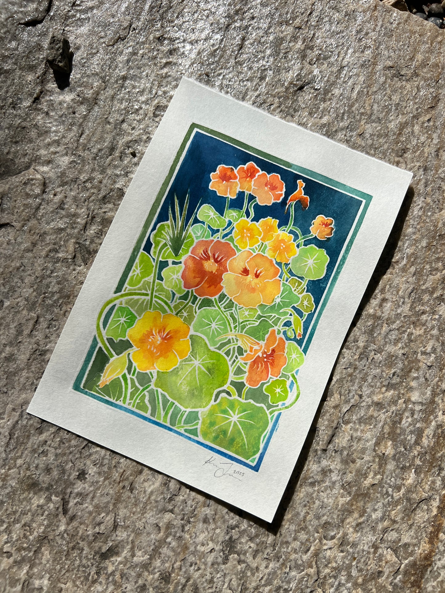 'Nasturtium' White Line Woodcut