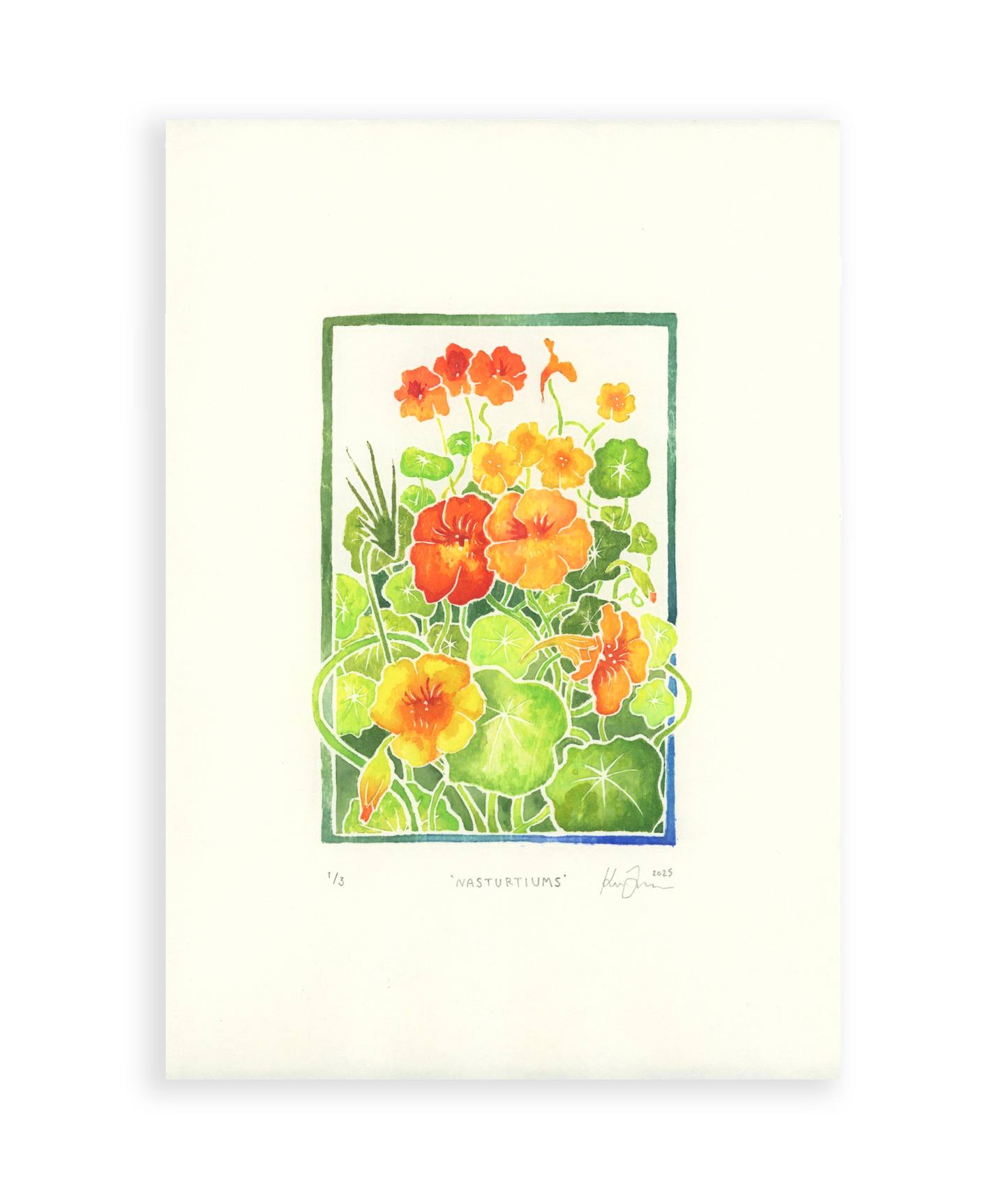 'Nasturtium' White Line Woodcut