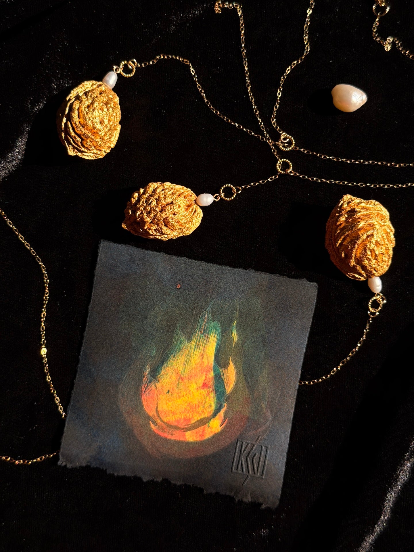 Peach Pit Pendant + Monotype Print Set
