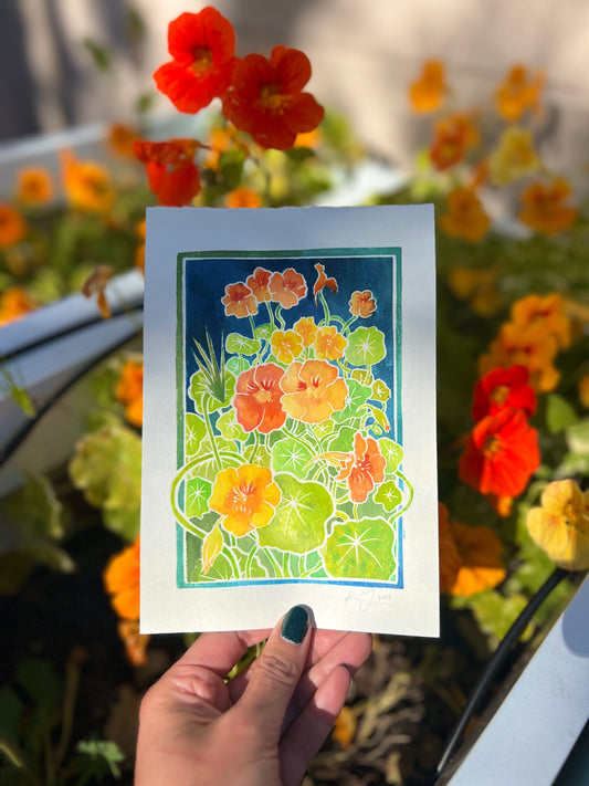 'Nasturtium' White Line Woodcut