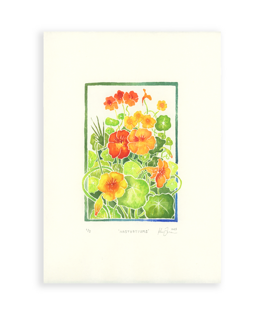 'Nasturtium' White Line Woodcut